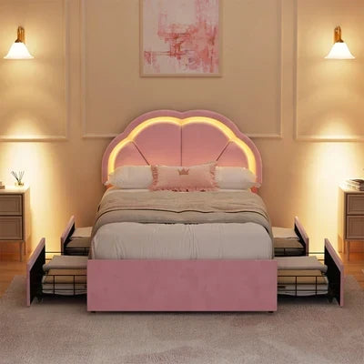 BF-C-SHELL-KS-PK Oikiture King Single Size Bed Frame LED Shell Headboard with Drawers Velvet Pink