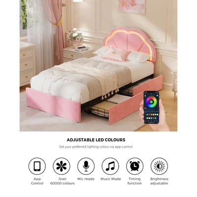 BF-C-SHELL-KS-PK Oikiture King Single Size Bed Frame LED Shell Headboard with Drawers Velvet Pink