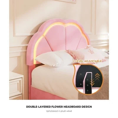 BF-C-SHELL-KS-PK Oikiture King Single Size Bed Frame LED Shell Headboard with Drawers Velvet Pink