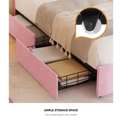 BF-C-SHELL-KS-PK Oikiture King Single Size Bed Frame LED Shell Headboard with Drawers Velvet Pink