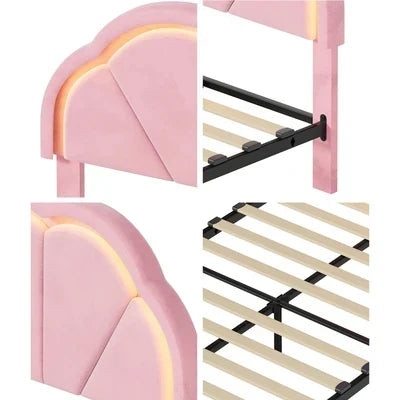 BF-C-SHELL-KS-PK Oikiture King Single Size Bed Frame LED Shell Headboard with Drawers Velvet Pink