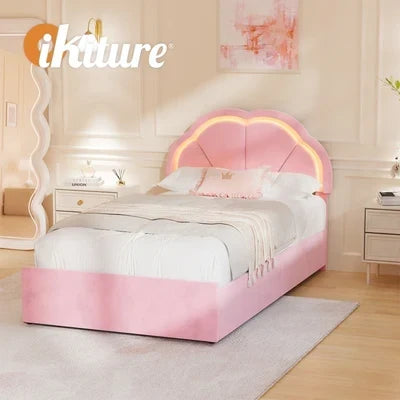BF-C-SHELL-KS-PK Oikiture King Single Size Bed Frame LED Shell Headboard with Drawers Velvet Pink