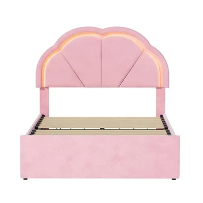 BF-C-SHELL-KS-PK Oikiture King Single Size Bed Frame LED Shell Headboard with Drawers Velvet Pink
