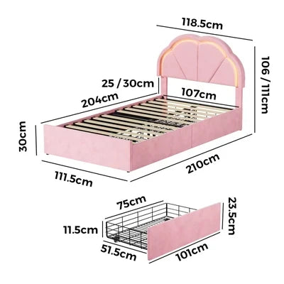 BF-C-SHELL-KS-PK Oikiture King Single Size Bed Frame LED Shell Headboard with Drawers Velvet Pink