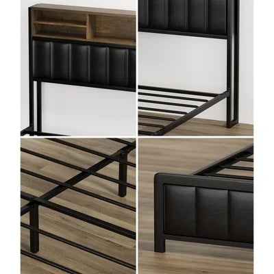 BF-C-WIKI-2D-KS-BK-AB Oikiture Bed Frame King Single Size LED Storage Bedhead 2 Drawers USB Charge