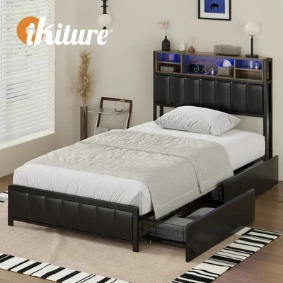BF-C-WIKI-2D-KS-BK-AB Oikiture Bed Frame King Single Size LED Storage Bedhead 2 Drawers USB Charge