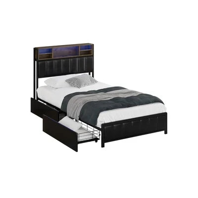 BF-C-WIKI-2D-KS-BK-AB Oikiture Bed Frame King Single Size LED Storage Bedhead 2 Drawers USB Charge
