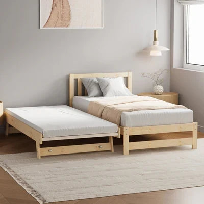 BF-W-A11-T2N-WD-AB Oikiture Trundle Kids Bed Frame Single Wooden Timber Hidden Dual Beds Natural