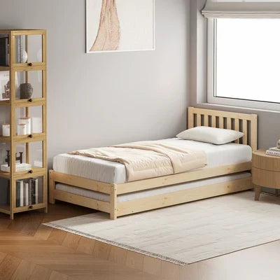 BF-W-A11-T2N-WD-AB Oikiture Trundle Kids Bed Frame Single Wooden Timber Hidden Dual Beds Natural