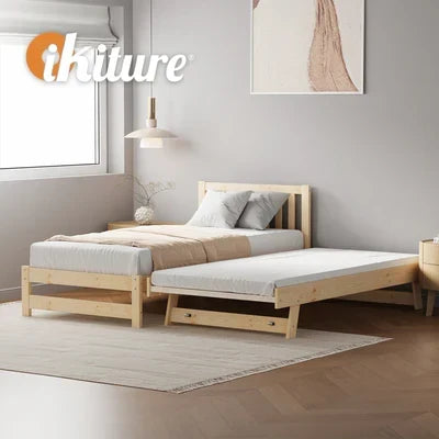 BF-W-A11-T2N-WD-AB Oikiture Trundle Kids Bed Frame Single Wooden Timber Hidden Dual Beds Natural