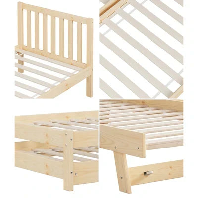 BF-W-A11-T2N-WD-AB Oikiture Trundle Kids Bed Frame Single Wooden Timber Hidden Dual Beds Natural