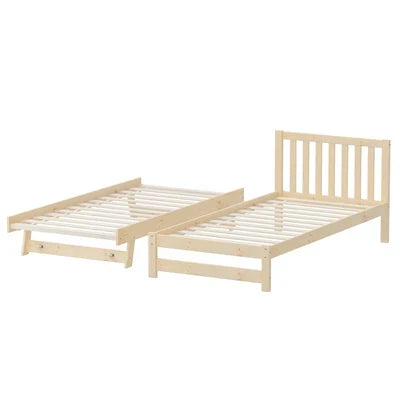BF-W-A11-T2N-WD-AB Oikiture Trundle Kids Bed Frame Single Wooden Timber Hidden Dual Beds Natural