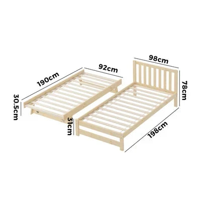 BF-W-A11-T2N-WD-AB Oikiture Trundle Kids Bed Frame Single Wooden Timber Hidden Dual Beds Natural