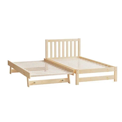 BF-W-A11-T2N-WD-AB Oikiture Trundle Kids Bed Frame Single Wooden Timber Hidden Dual Beds Natural
