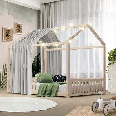 BF-W-A2-D-WD-AB Oikiture Kids Wooden Bed Frame House Beds Platform Double Natural Timber Pine