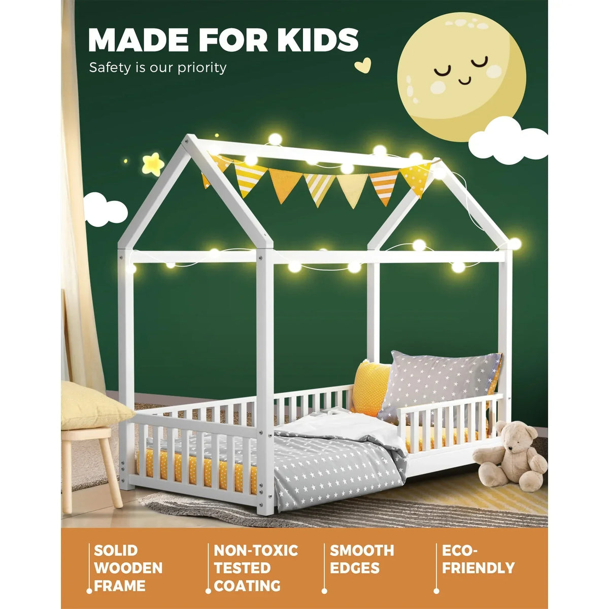 BF-W-A2-D-WH-AB Oikiture Kids Wooden Bed Frame House Beds Platform Double White Timber Pine