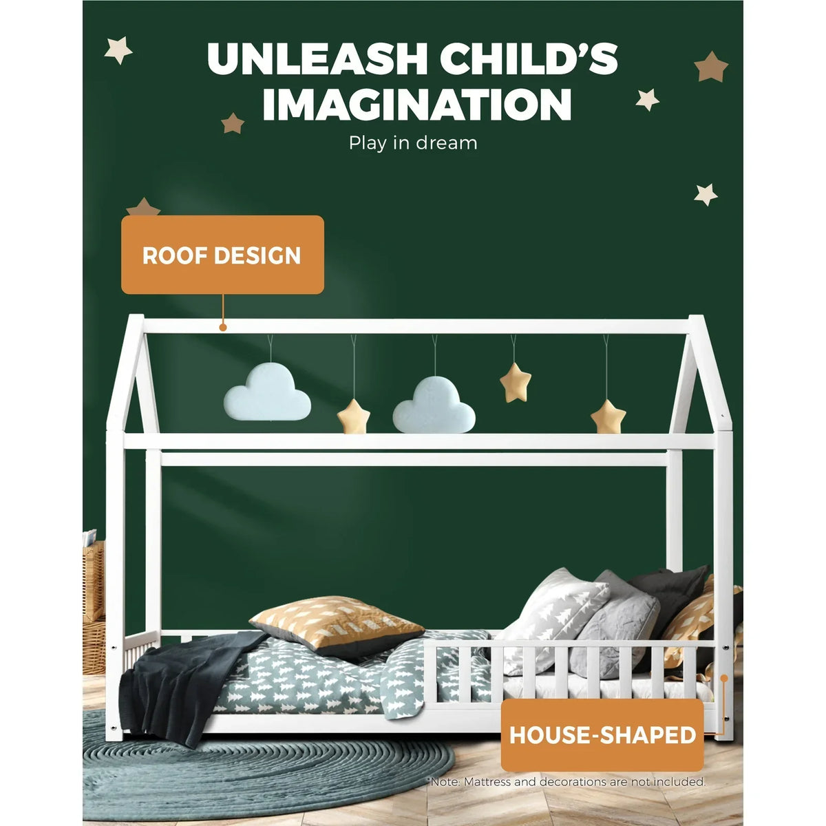 BF-W-A2-D-WH-AB Oikiture Kids Wooden Bed Frame House Beds Platform Double White Timber Pine