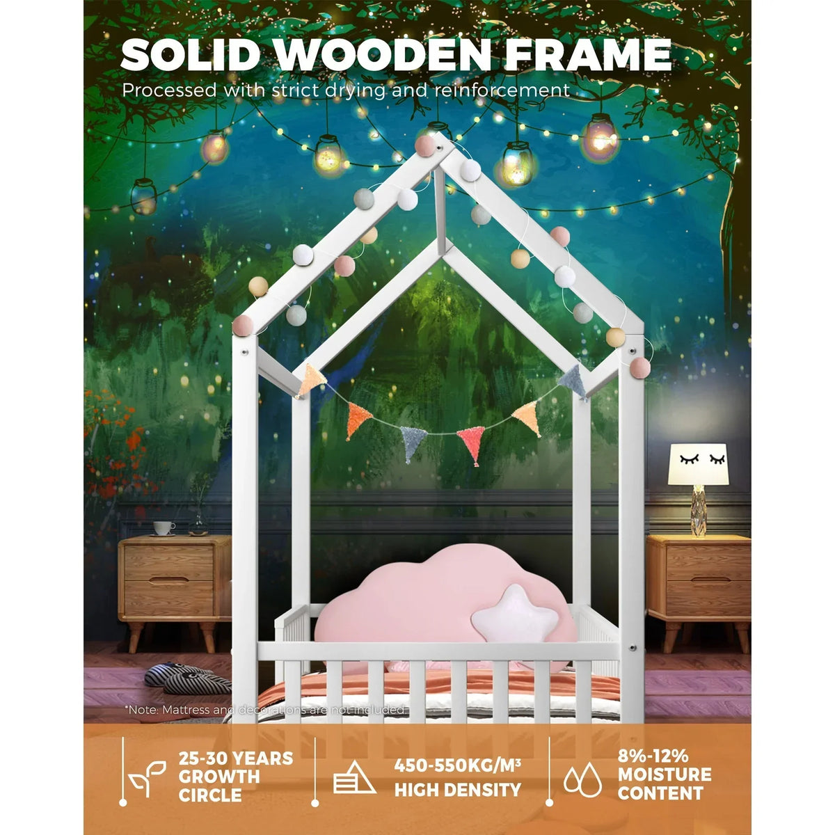 BF-W-A2-D-WH-AB Oikiture Kids Wooden Bed Frame House Beds Platform Double White Timber Pine