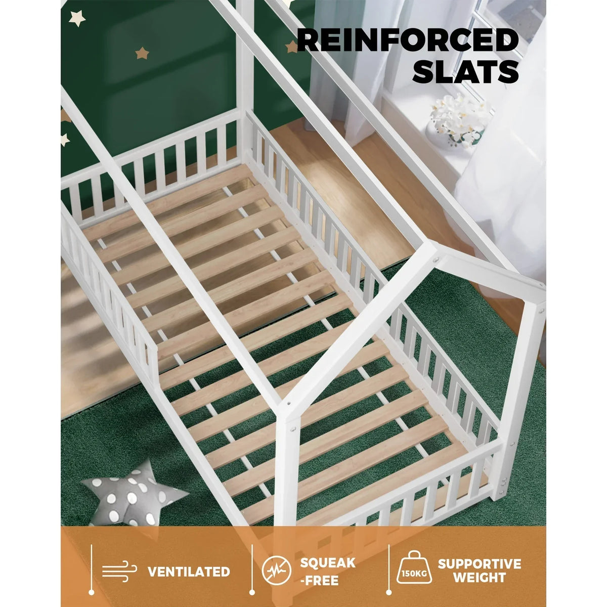 BF-W-A2-D-WH-AB Oikiture Kids Wooden Bed Frame House Beds Platform Double White Timber Pine