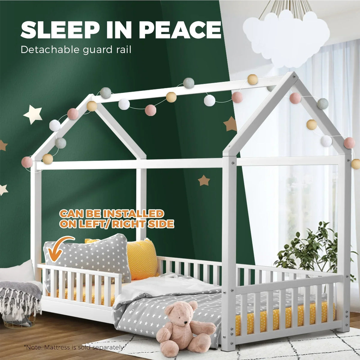 BF-W-A2-D-WH-AB Oikiture Kids Wooden Bed Frame House Beds Platform Double White Timber Pine
