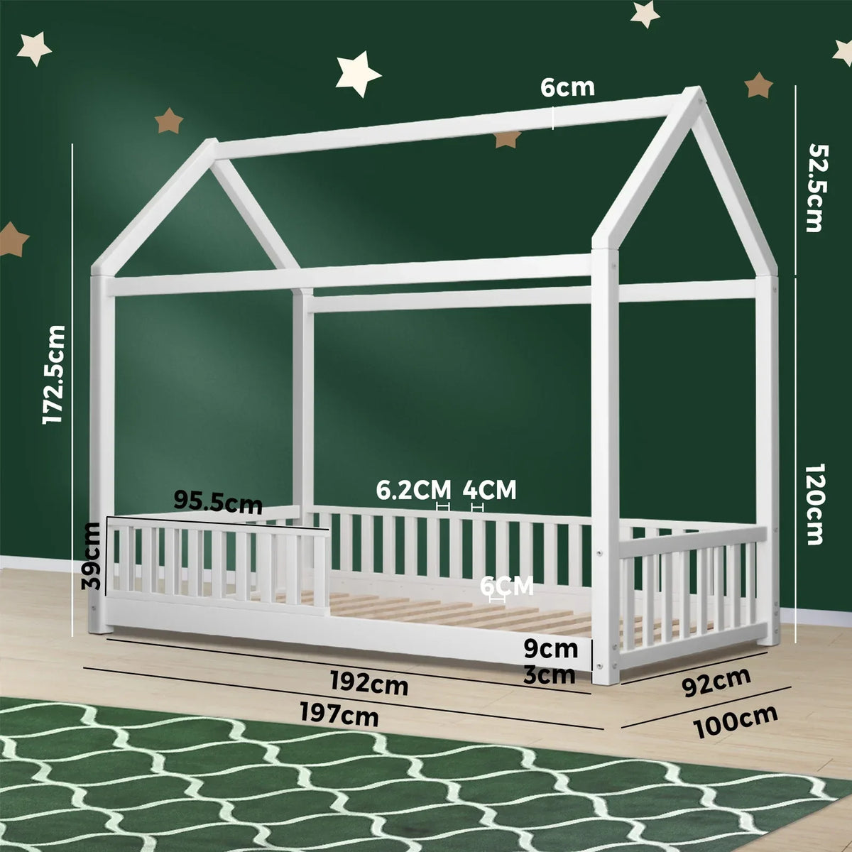 BF-W-A2-D-WH-AB Oikiture Kids Wooden Bed Frame House Beds Platform Double White Timber Pine