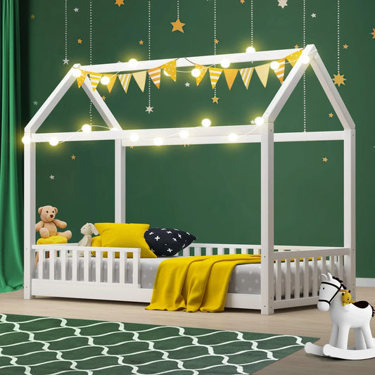 BF-W-A2-D-WH-AB Oikiture Kids Wooden Bed Frame House Beds Platform Double White Timber Pine