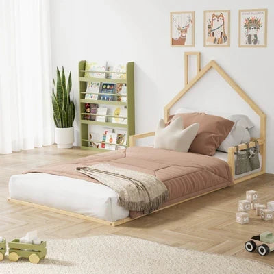 BF-W-B-HAMM-KS-WD Oikiture Wooden Kids Bed Frame Floor Beds Chimney Platform King Single Natural