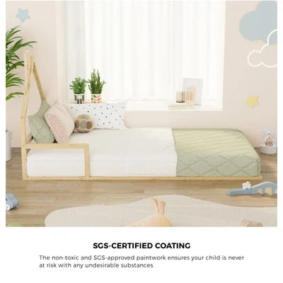 BF-W-B-HAMM-KS-WD Oikiture Wooden Kids Bed Frame Floor Beds Chimney Platform King Single Natural