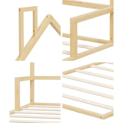 BF-W-B-HAMM-KS-WD Oikiture Wooden Kids Bed Frame Floor Beds Chimney Platform King Single Natural