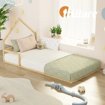 BF-W-B-HAMM-KS-WD Oikiture Wooden Kids Bed Frame Floor Beds Chimney Platform King Single Natural