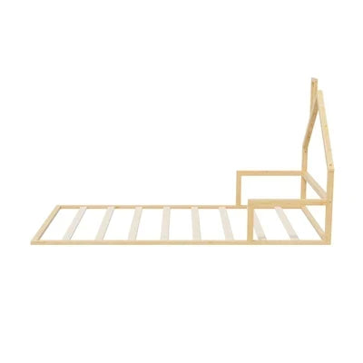 BF-W-B-HAMM-KS-WD Oikiture Wooden Kids Bed Frame Floor Beds Chimney Platform King Single Natural