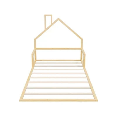 BF-W-B-HAMM-KS-WD Oikiture Wooden Kids Bed Frame Floor Beds Chimney Platform King Single Natural