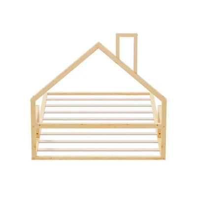BF-W-B-HAMM-KS-WD Oikiture Wooden Kids Bed Frame Floor Beds Chimney Platform King Single Natural