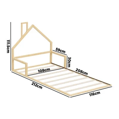 BF-W-B-HAMM-KS-WD Oikiture Wooden Kids Bed Frame Floor Beds Chimney Platform King Single Natural