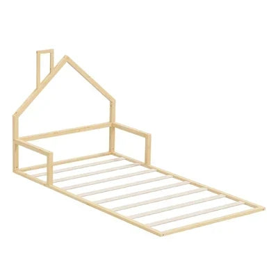 BF-W-B-HAMM-KS-WD Oikiture Wooden Kids Bed Frame Floor Beds Chimney Platform King Single Natural