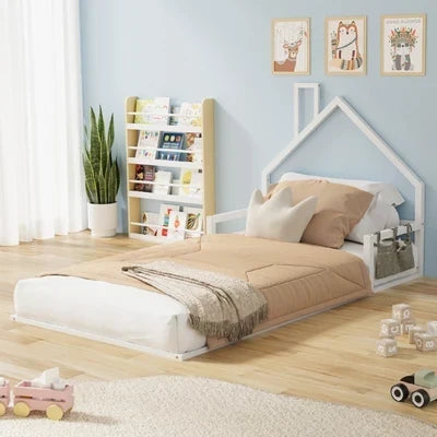 BF-W-B-HAMM-KS-WH Oikiture Wooden Kids Bed Frame Floor Beds Chimney Platform King Single White