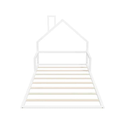 BF-W-B-HAMM-KS-WH Oikiture Wooden Kids Bed Frame Floor Beds Chimney Platform King Single White