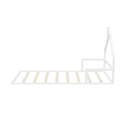 BF-W-B-HAMM-KS-WH Oikiture Wooden Kids Bed Frame Floor Beds Chimney Platform King Single White