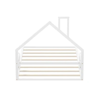 BF-W-B-HAMM-KS-WH Oikiture Wooden Kids Bed Frame Floor Beds Chimney Platform King Single White