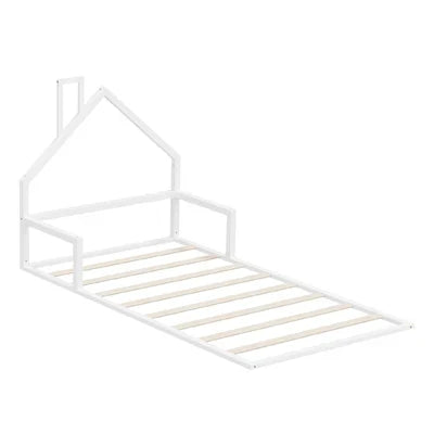BF-W-B-HAMM-KS-WH Oikiture Wooden Kids Bed Frame Floor Beds Chimney Platform King Single White