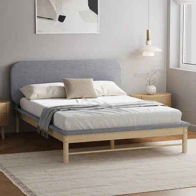 BF-W-B-IRIS-Q-GY-AB Oikiture Wooden Bed Frame with Padded Fabric Edges Pine Headboard Base Queen