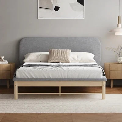 BF-W-B-IRIS-Q-GY-AB Oikiture Wooden Bed Frame with Padded Fabric Edges Pine Headboard Base Queen