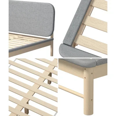 BF-W-B-IRIS-Q-GY-AB Oikiture Wooden Bed Frame with Padded Fabric Edges Pine Headboard Base Queen