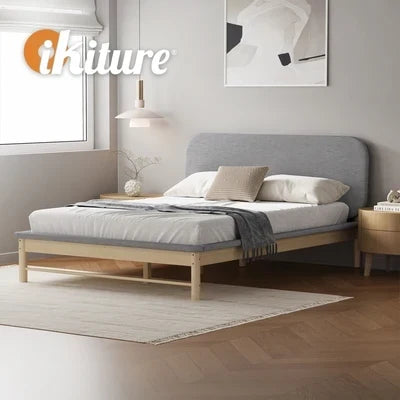 BF-W-B-IRIS-Q-GY-AB Oikiture Wooden Bed Frame with Padded Fabric Edges Pine Headboard Base Queen