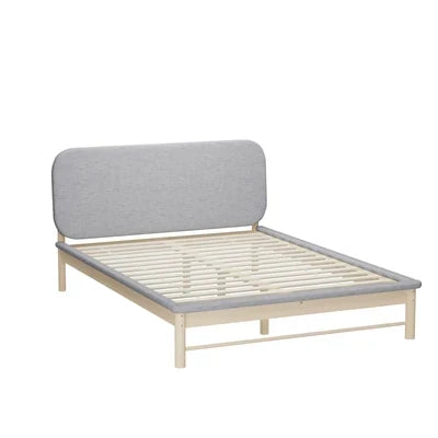 BF-W-B-IRIS-Q-GY-AB Oikiture Wooden Bed Frame with Padded Fabric Edges Pine Headboard Base Queen