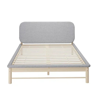 BF-W-B-IRIS-Q-GY-AB Oikiture Wooden Bed Frame with Padded Fabric Edges Pine Headboard Base Queen