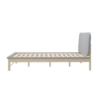 BF-W-B-IRIS-Q-GY-AB Oikiture Wooden Bed Frame with Padded Fabric Edges Pine Headboard Base Queen
