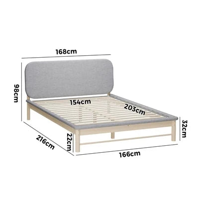 BF-W-B-IRIS-Q-GY-AB Oikiture Wooden Bed Frame with Padded Fabric Edges Pine Headboard Base Queen