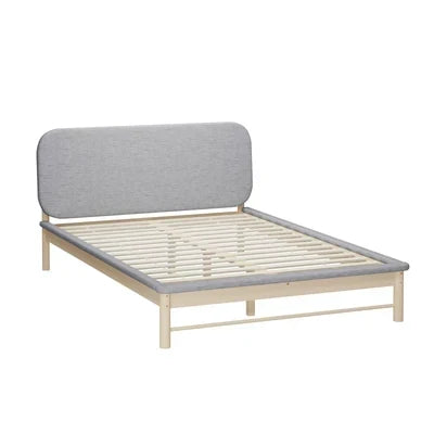BF-W-B-IRIS-Q-GY-AB Oikiture Wooden Bed Frame with Padded Fabric Edges Pine Headboard Base Queen