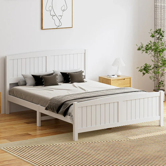 BF-W-B-META-Q-WH-AB Oikiture Bed Frame Queen Size Wooden Base Timber Platform White